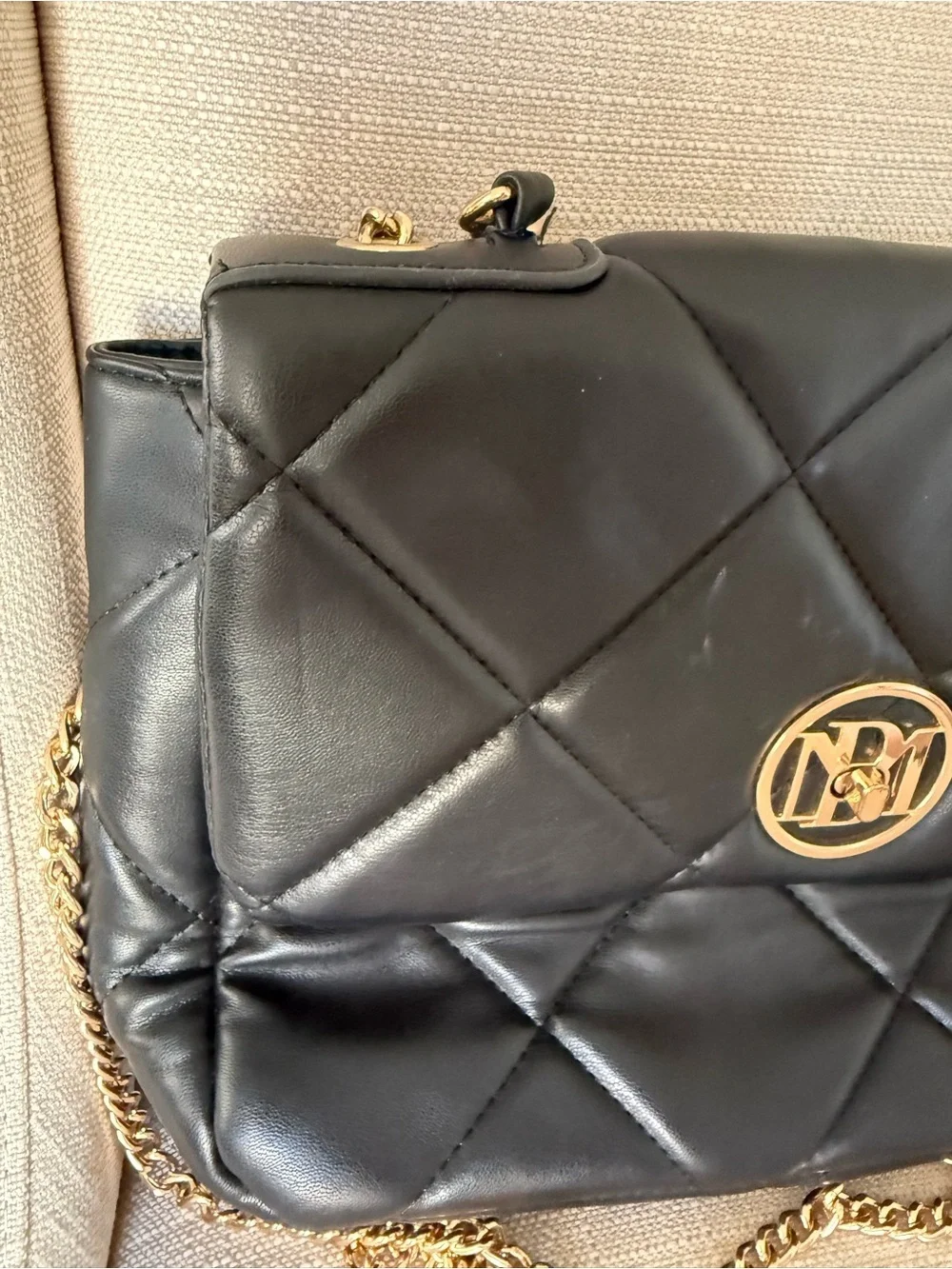 Studio Badgley Mischka Quilted Vegan Chain Shoulder Bag Black Gold Hardware